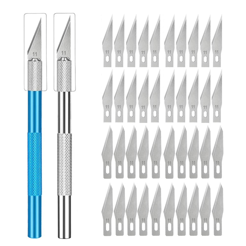 Engraving Non-Slip Metal Knife Kit + 40/10pcs #11 Blades Cutter Craft Knives for Mobile Phone PCB Repair Hand Tools - Blue Si