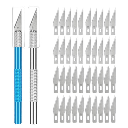 Engraving Non-Slip Metal Knife Kit + 40/10pcs #11 Blades Cutter Craft Knives for Mobile Phone PCB Repair Hand Tools - Blue Si