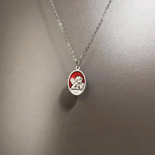 Vintage Temperament Sliver Color Double-sided Little Angel Fairy Relief Oval Pendant Necklace for Women Men Collar Chain Jewe