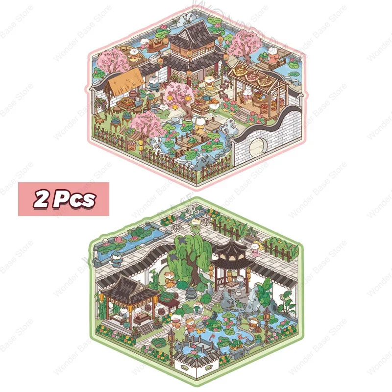 DIY Cartoon Cat Leisure Life in 4 Seasons Landscape Sticker 3D Pocket Cabin Scene Stacking Pasting Stickers Gift for Kid Chil
