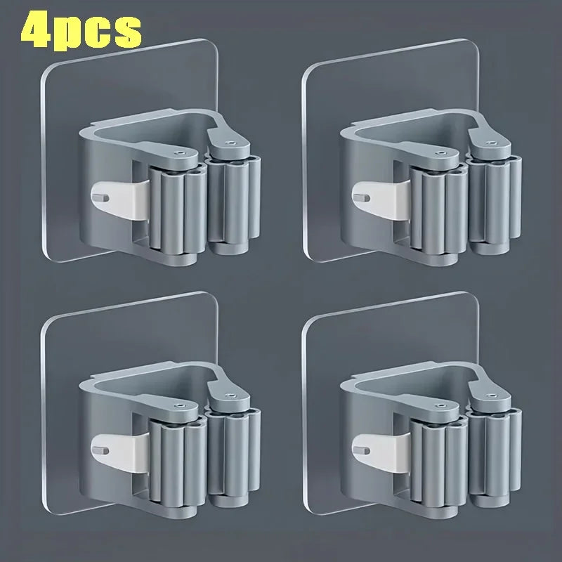 Home Storage Rack Wall Hanging Shelf Bathroom Shower Holder Storage Traceless Hook Mop Organizer Waterproof Broom Hanger - 4p