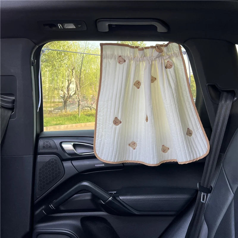 Cute Cartoon Embroidered Thickened Cotton Baby Car Window Sunshade Cover UV Protection Suction Cup Installed Sliding Curtain