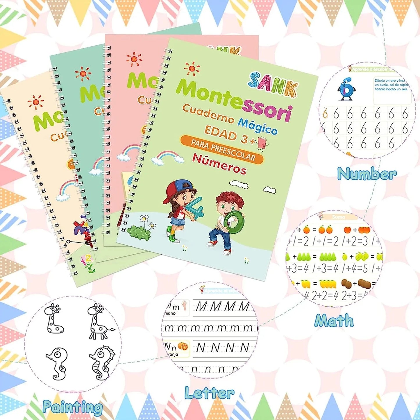 4 Books Magic Writing Copybook In Spanish Calligraphy Notebook Montessori Reusable Educational Calligraphic Letter Practice