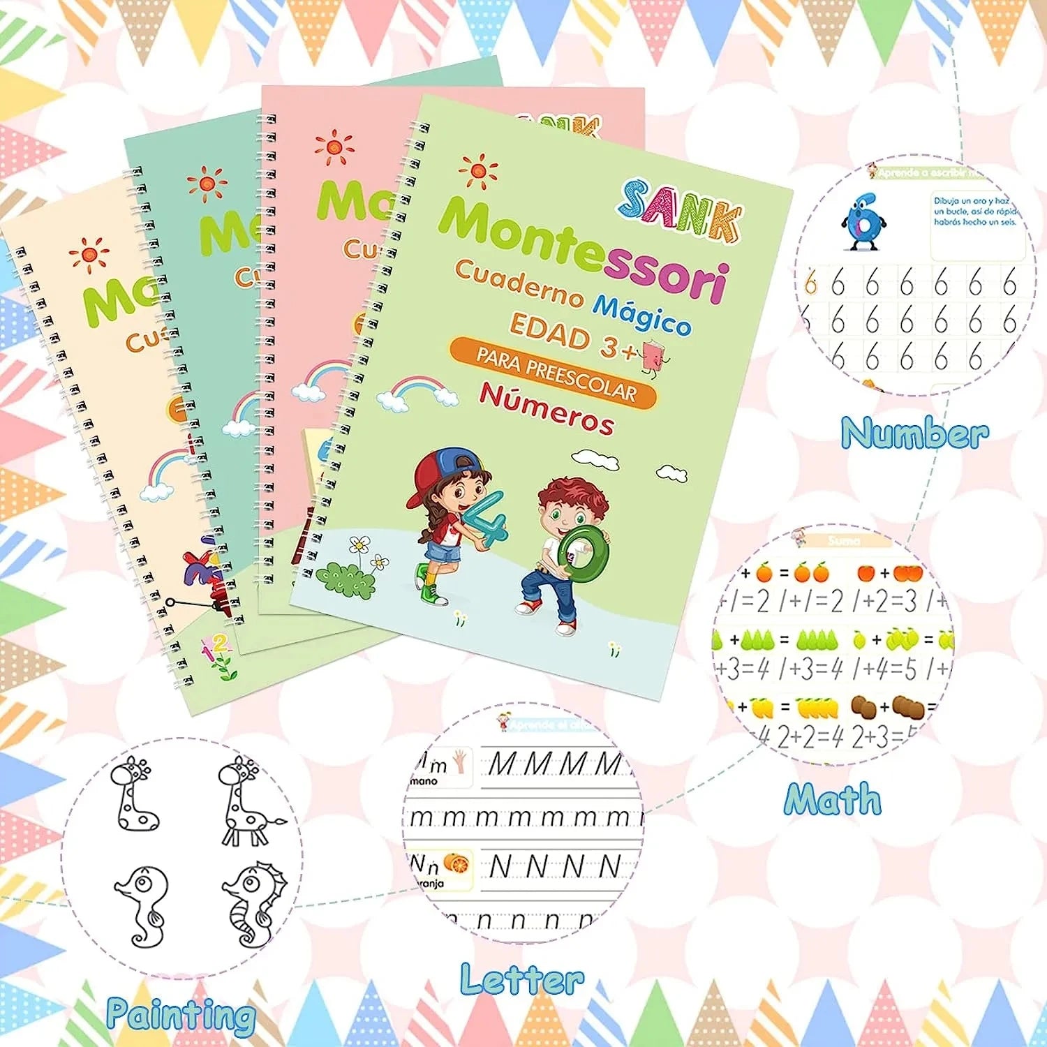 4 Books Magic Writing Copybook In Spanish Calligraphy Notebook Montessori Reusable Educational Calligraphic Letter Practice