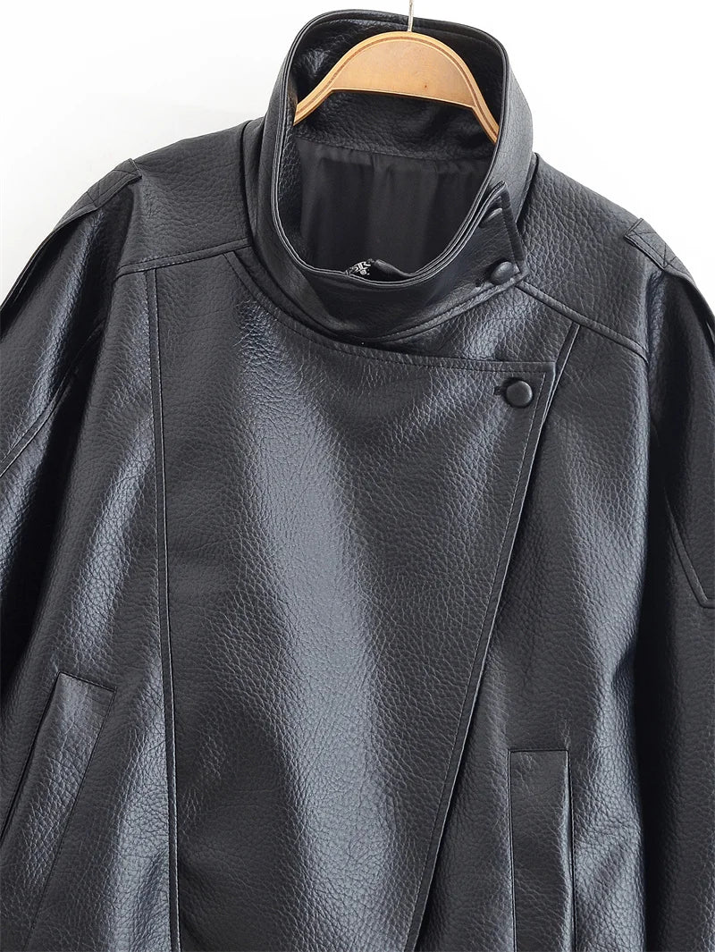 Women's Jacket 2026 Autunm New Black Long Sleeve Pebble Faux Leather Jacket Motorcycle Style Personality Fashion
