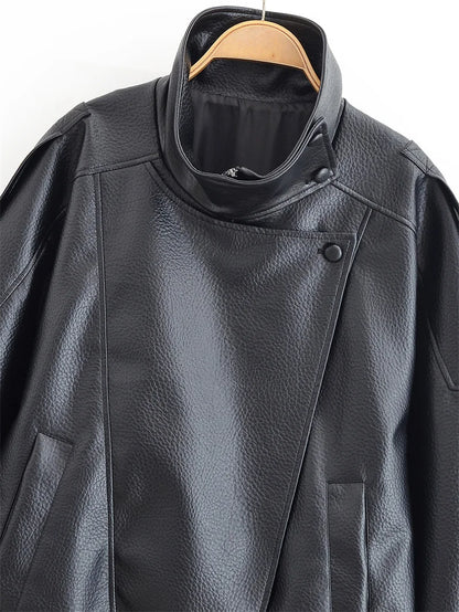 Women's Jacket 2026 Autunm New Black Long Sleeve Pebble Faux Leather Jacket Motorcycle Style Personality Fashion