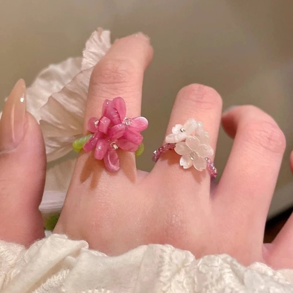 New Romantic Cute Violet Flower Ring Spring Summer Elastic Beaded Rings for Women Friends Korea Finger Jewelry Accessories Gi