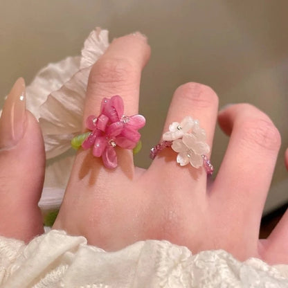 New Romantic Cute Violet Flower Ring Spring Summer Elastic Beaded Rings for Women Friends Korea Finger Jewelry Accessories Gi