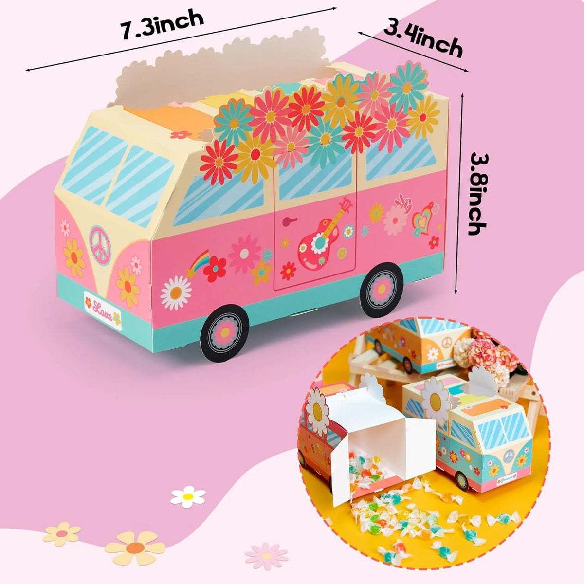 12/24Pcs Groovy Party Favor Boxes Groovy Hippie Peace Bus Centerpiece Birthday Party Decorations Gift Box