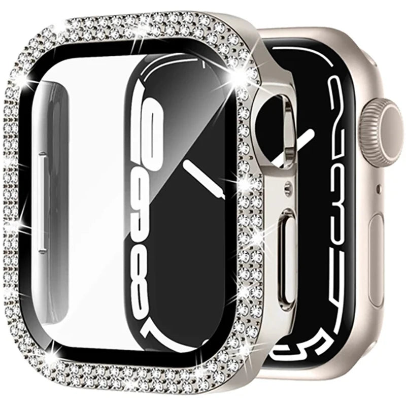 Glass+Diamond Cover For Apple watch case 46mm 40mm 44mm 41mm 42mm 45mm Bling Bumper Protector iWatch Series 11 10 9 SE 7 8 ca