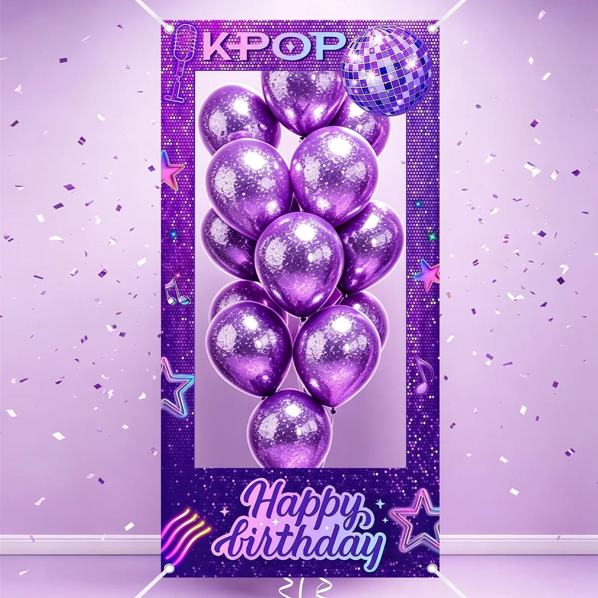 1pc Purple K-POP Photo Frame Backdrop Happy Birthday Pattern Polyester Photo Booth Props for K-POP Theme Birthday Party Suppl