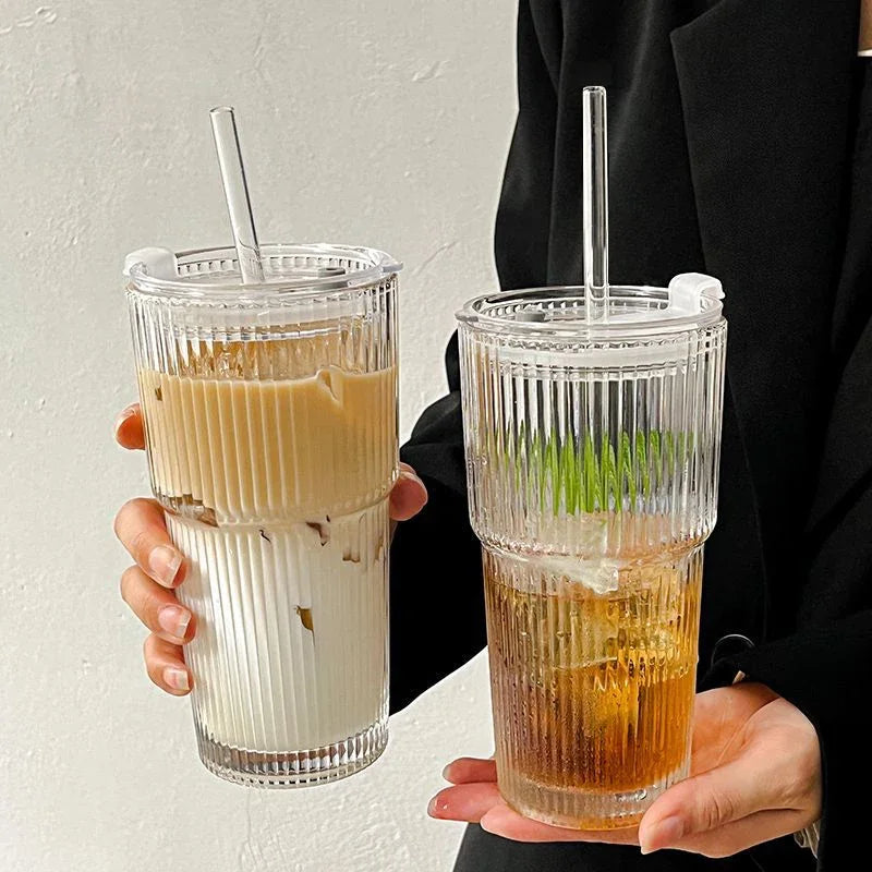 600ML Stripe Glass Coffee Cup with Lid and Straw Transparent Drinking Glasses for Juice Milk Tea Cups Iced Coffee Mugs Drinkw