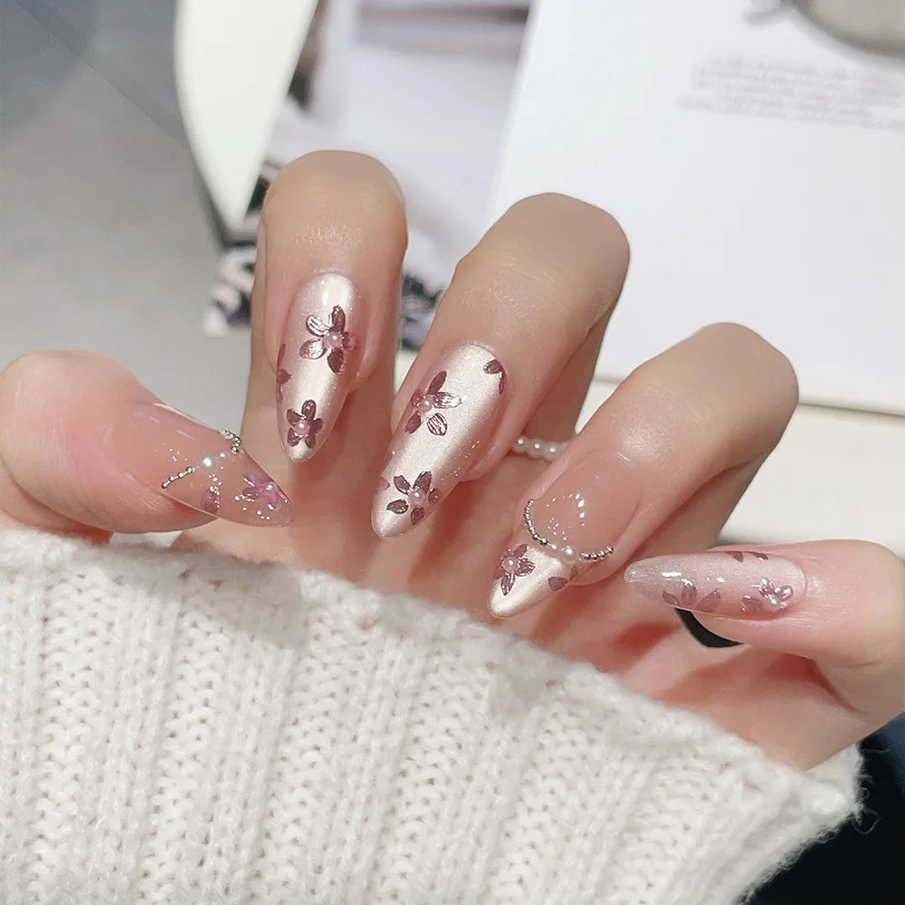 10pcs Medium Almond Handmade Press On Nails Kit, Pink Fake Nails, Noble Elegant Wearable Nail Art, Splendid Flowers