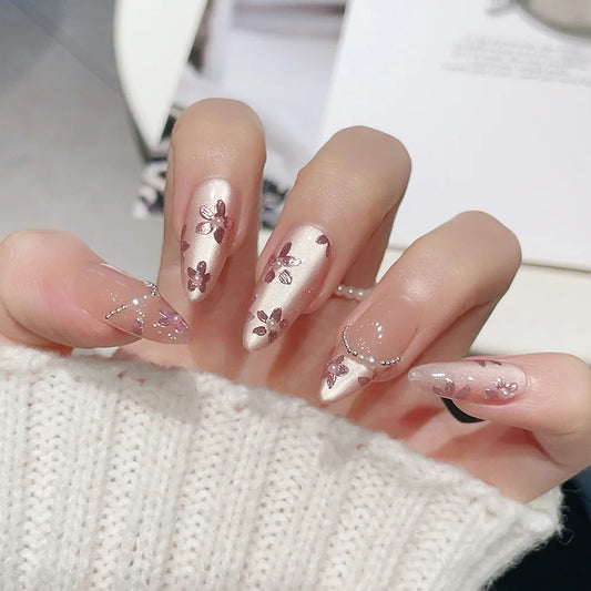 10pcs Medium Almond Handmade Press On Nails Kit, Pink Fake Nails, Noble Elegant Wearable Nail Art, Splendid Flowers