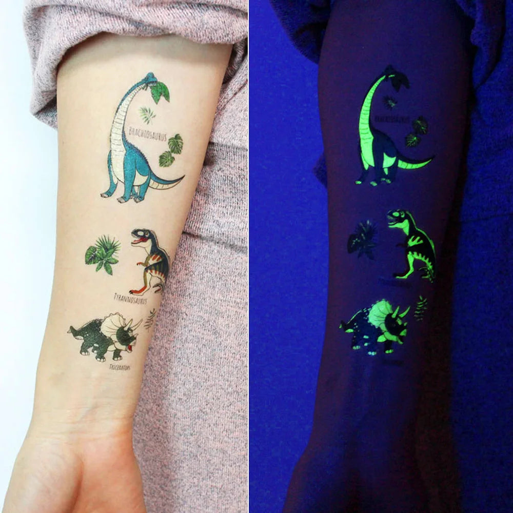 10 Sheets Luminous Dinosaur Temporary Tattoos, Waterproof Glow In The Dark T-Rex Pterosaur Velociraptor Triceratops Stegosaur