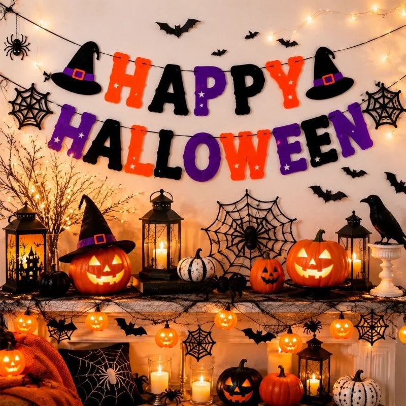 Halloween Felt Banner Garland Assorted Styles Hanging Bunting Flags for Party Home Wall Fireplace Mantel Decoration Supplies