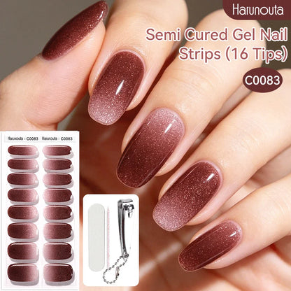 Harunouta 16strips Semi Cured Gel Nail Strips with Nail Clipper Set Self-Adhesive Glitter for Nails Work with UV/LED - Set 14