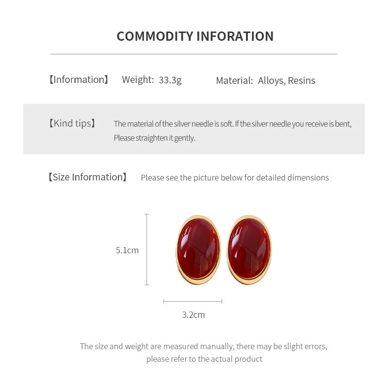 Vintage Red Resin Women's Earrings Stud Earrings Luxury large Geometric Oval earrings Party Wedding Ear Jewelry