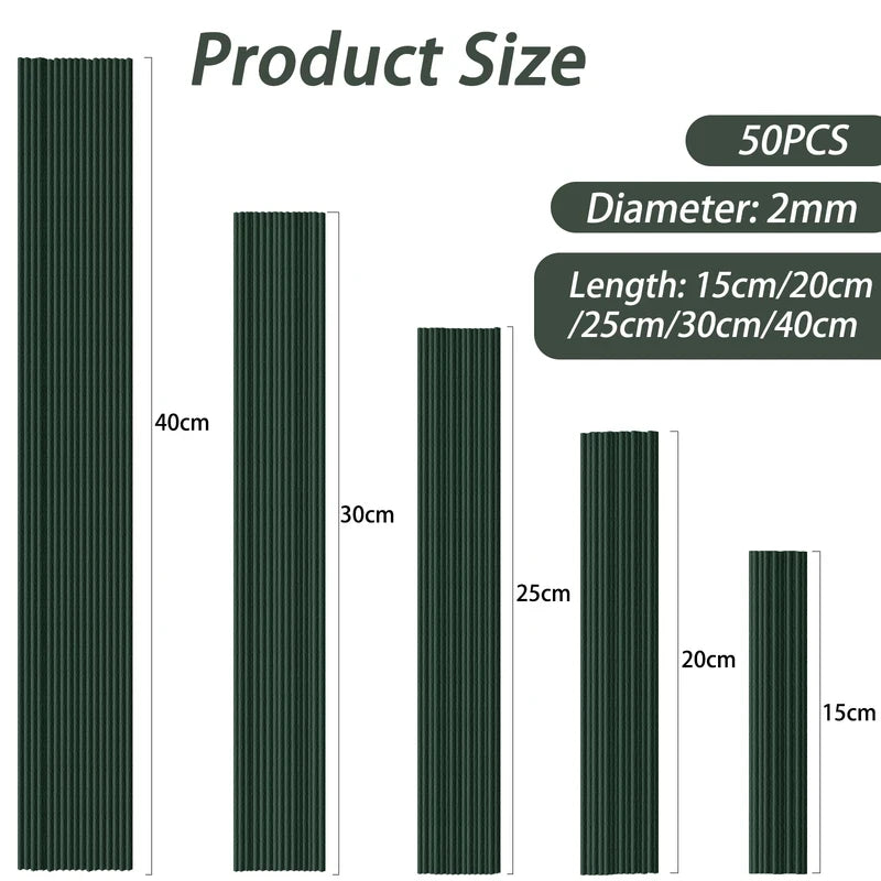 50pcs 15/20/25/30/40cm Artificial Green Flower Stems DIY Floral Material Handmade Wire Stem Accessoies For Wedding Home Decor