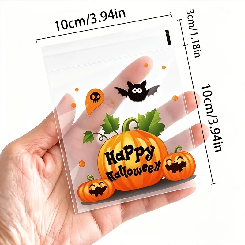 100Pcs Small Halloween Treat Bags,Clear Self Adhesive Candy Bags, Plastic Cookie Bags for Trick or Treat, Halloween Goodie Ba