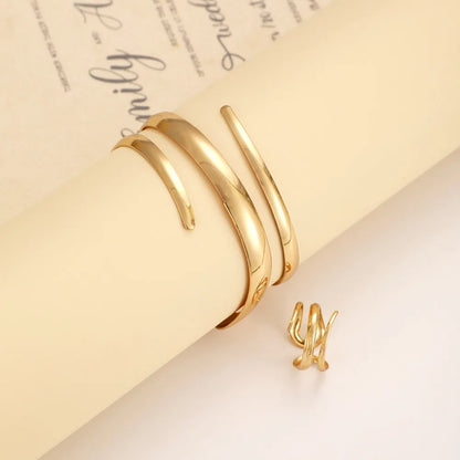 European and American Thick Bracelet and Ring Jewelry Set for Women Gold Color Geometric Line Bracelet Ring Combination Set G