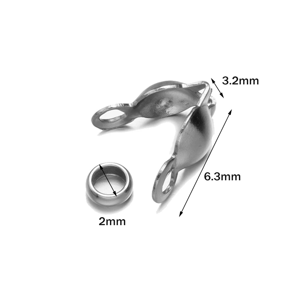 50pcs Stainless Steel Crimp Bead Tips Knot Covers Clamshell Fold-Over Bead Tips with 50pcs End Caps for Jewelry Making Craft 