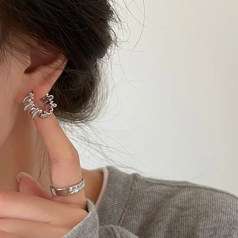Personality Irregular Wavy Pleated Hoop Earrings for Women New Charm Gold Color Stainless Steel Dangle Jewelry Accessories Gi