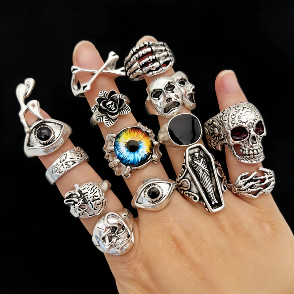 10/20/30/50/100Pieces Vintage Punk Skull Eye Rings Set For Women Men Mix Style Hip Hop Finger Ring Jewelry Party Gift