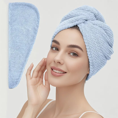 Solid Color Hair Towel Textured Dry Hair Cap 9.8' X 25.5' Absorbent Hair Towel Wrap for Button-Down Women - Blue-up