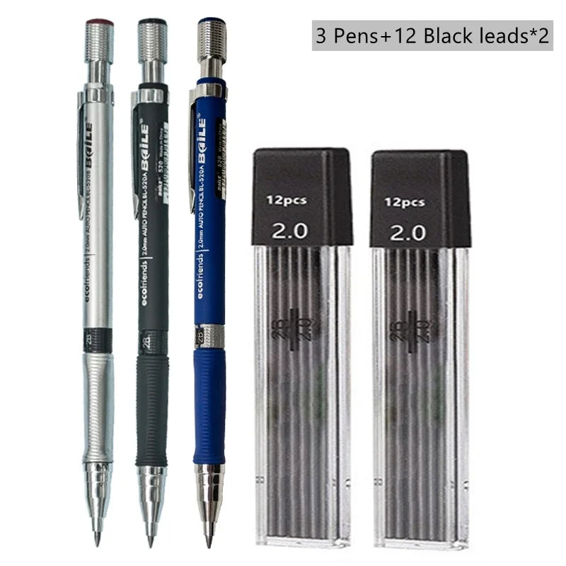 Mechanical Pencil Set 2.0 mm with 2B Black/Colors Lead Refill For Writing Sketching Art Drawing Painting School Automatic Pen