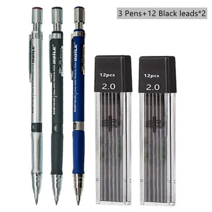 Mechanical Pencil Set 2.0 mm with 2B Black/Colors Lead Refill For Writing Sketching Art Drawing Painting School Automatic Pen