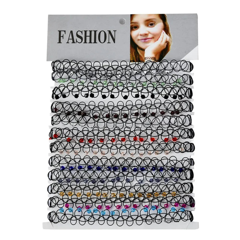 12pcs/lot Vintage Hippy Stretch Tattoo Choker Necklace Elastic Chocker Necklace Fishing Line Tattoo Colorful Necklace - Style