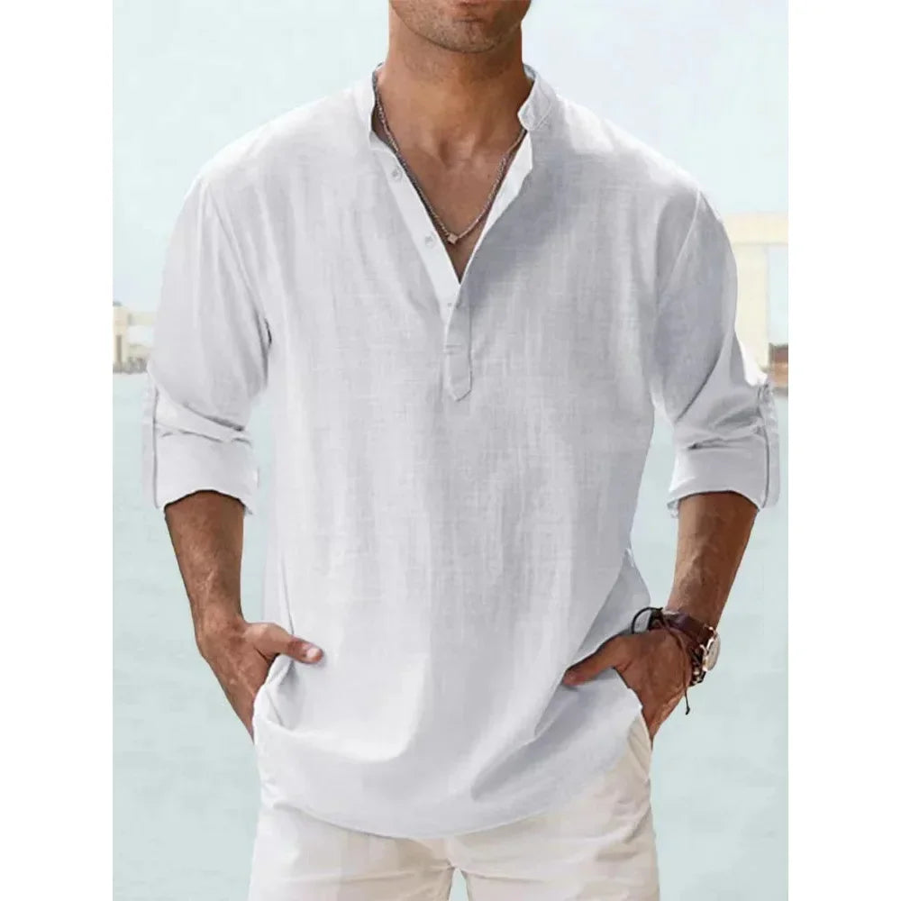 Cotton Linen Men's Long Sleeve Shirts Summer Solid Color Henley Collar Casual Beach Style Hawaiian Vacation