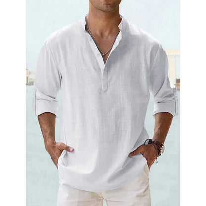 Cotton Linen Men's Long Sleeve Shirts Summer Solid Color Henley Collar Casual Beach Style Hawaiian Vacation