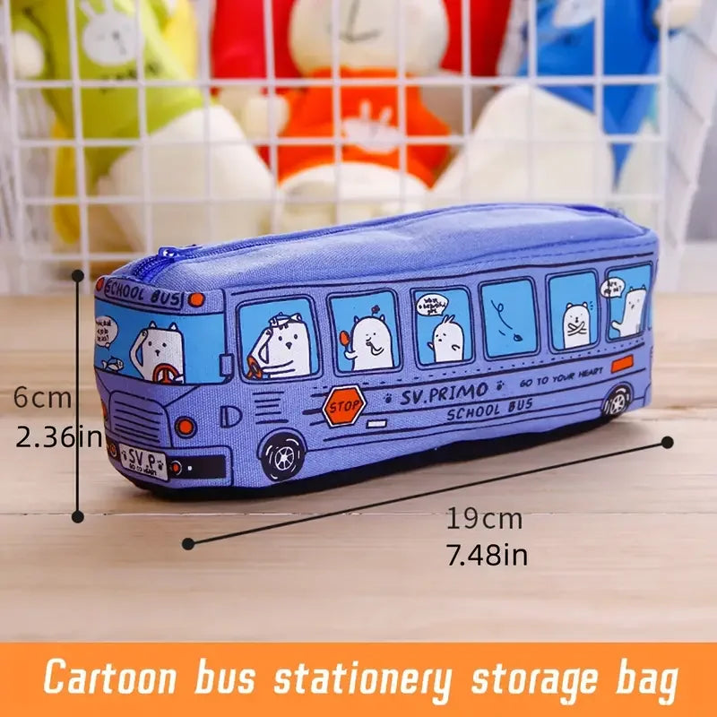1pc Creative Large Capacity Canvas School Bus Pencil Case Pencil Bag Stationery Pen Bag to Store School Supplies - Blue