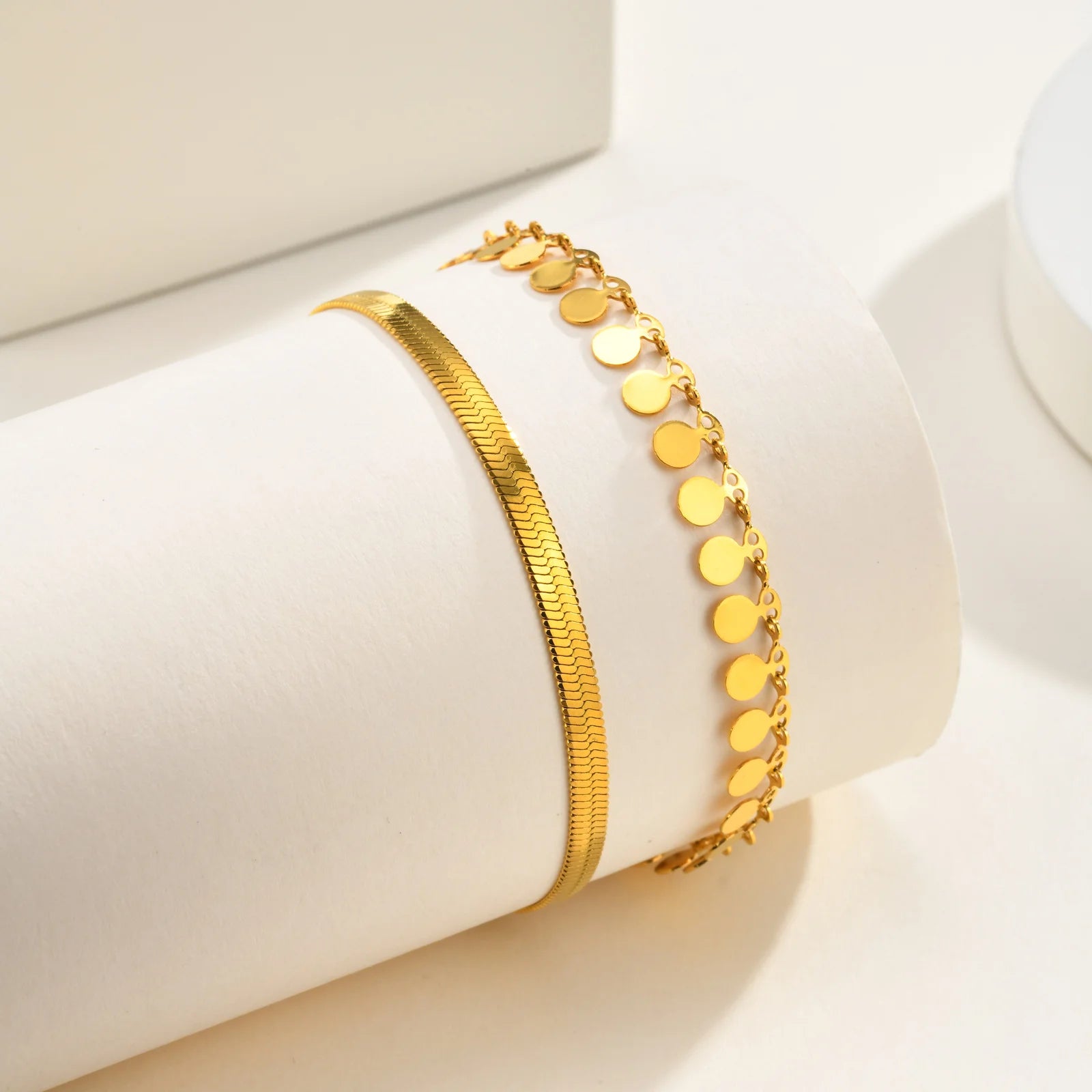 Anklet Set Layered for Women 18K Gold Plated Stainless Steel Flat Snake Chain Round Disk Waterproof Jewelry