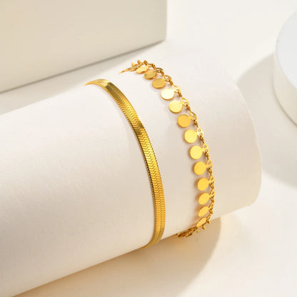 Anklet Set Layered for Women 18K Gold Plated Stainless Steel Flat Snake Chain Round Disk Waterproof Jewelry