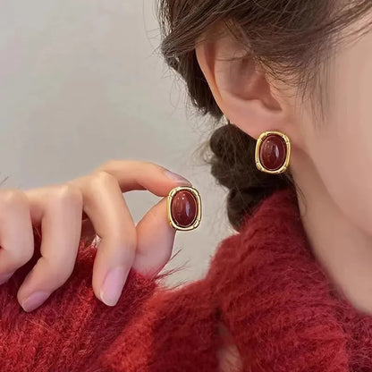 Vintage Enamel Wine Red Metal Stud Earrings for Women Fashion Geometric Square Earrings Elegant Wedding Jewelry Accessories