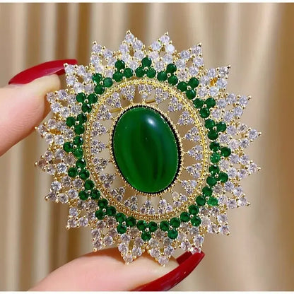 Vintage Emerald Oval Sunflower Brooch for Women Green Crystal Sunburst Lapel Pins Floral Design Wedding Party Art Deco Jewelr