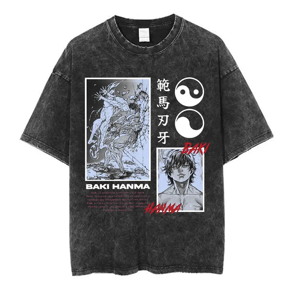 Vintage Washed T Shirt Anime Baki The Grappler T-shirt Hanma Yujiro Gym Short Sleeve T-shirts Oversized Cotton Casual Tee Shi