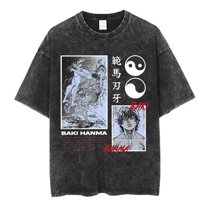 Vintage Washed T Shirt Anime Baki The Grappler T-shirt Hanma Yujiro Gym Short Sleeve T-shirts Oversized Cotton Casual Tee Shi