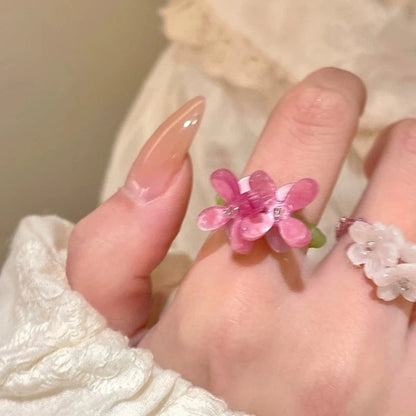 New Romantic Cute Violet Flower Ring Spring Summer Elastic Beaded Rings for Women Friends Korea Finger Jewelry Accessories Gi