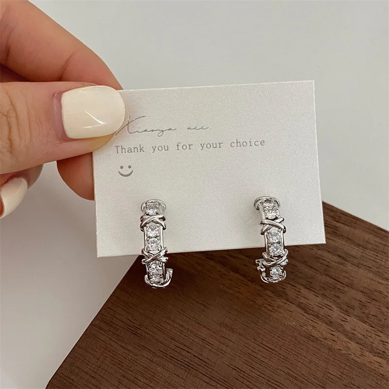 Vintage CC Design Stud Earrings for Women Korean Fashion X Cross Zircon Earring Engagement Jewelry Gifts
