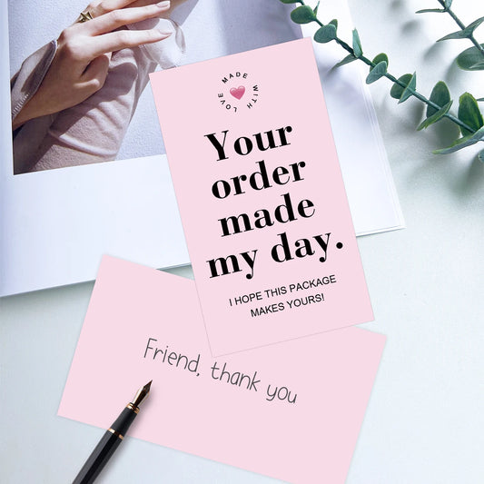 50pcs Pink Thank You Cards With'your Order Made My Day'message,Appreciation Card For Small Business Package,Retailer Thanks N