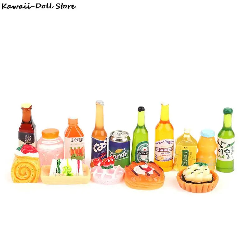 5PCS 1:12 Scale Cute Mini Dollhouse Miniature Drink Bottle Cake Desserts Bento Food Pretend Play Food Toy Kitchen Accessories