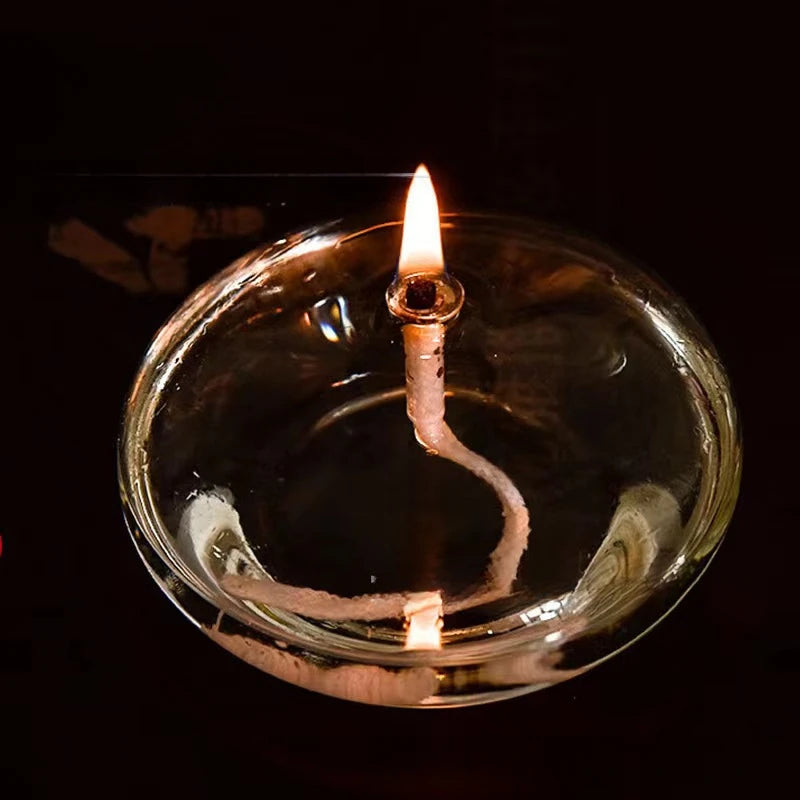 Handcrafted Flat Transparent Glass Candle Holder Oil Lamp，With a light core，Can be used as table candles，Christmas home decor