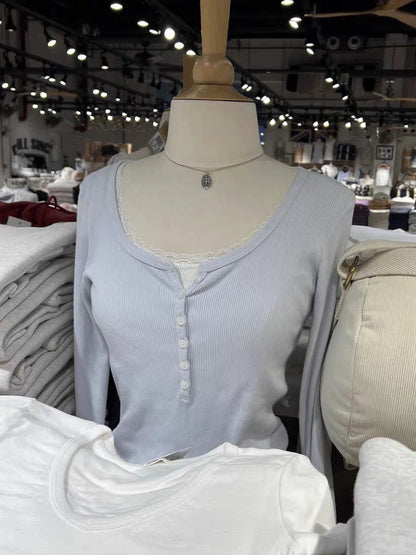 Six Buttons Ribbed Long Sleeve T-shirts Women Spring Round Neck Cotton Slim Tee Top Female Sweet Cute Pink Tshirt Y2k Tops Ne
