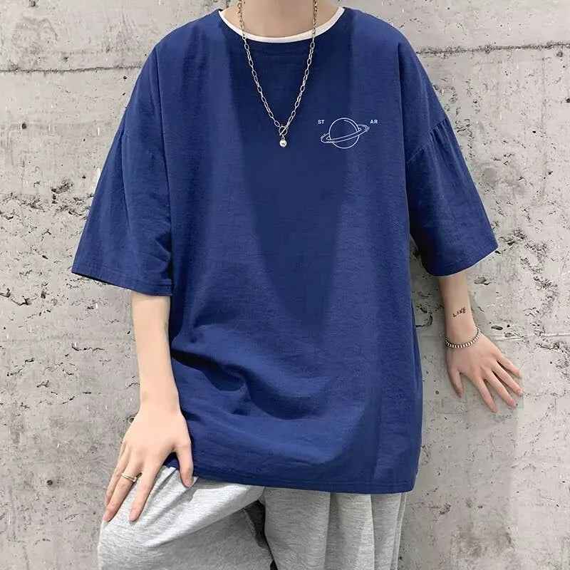 Minimalist Planet Printed Men's Casual Top M-8XL Large Size T-shirt Trendy Versatile Short Sleeve