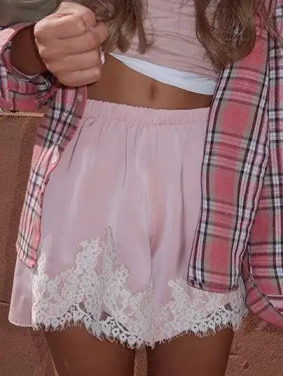 Cute Women Satin Silk Lace Trim Shorts Silky Low Rise Boxer Shorts Y2k Teen Girls Y2K Coquette Lounge Slip Bottoms