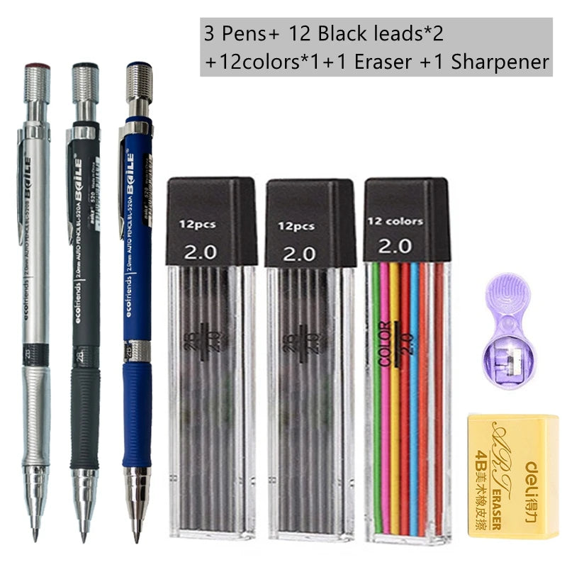 Mechanical Pencil Set 2.0 mm with 2B Black/Colors Lead Refill For Writing Sketching Art Drawing Painting School Automatic Pen